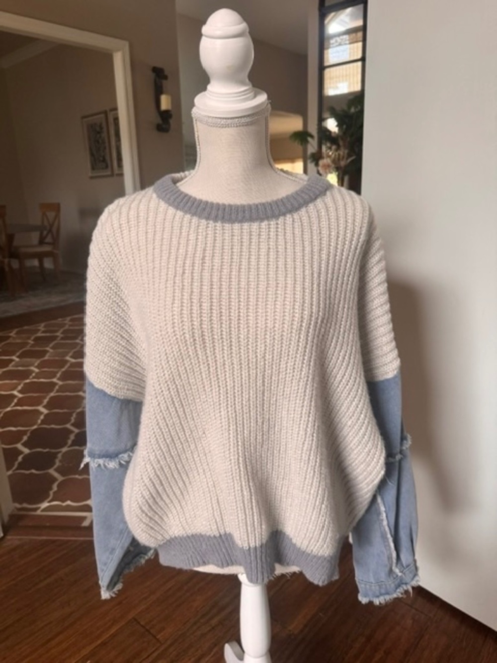 DEBUT Knit Sweater Denim Sleeves Distressed Hem Cream Blue Size - S I M